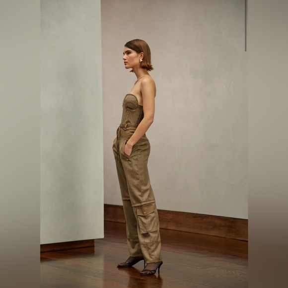 NWT ROARI Ronnie Trouser Pants in Camel Herringbone Brown Wool Cargo Size 2 - Picture 3 of 13